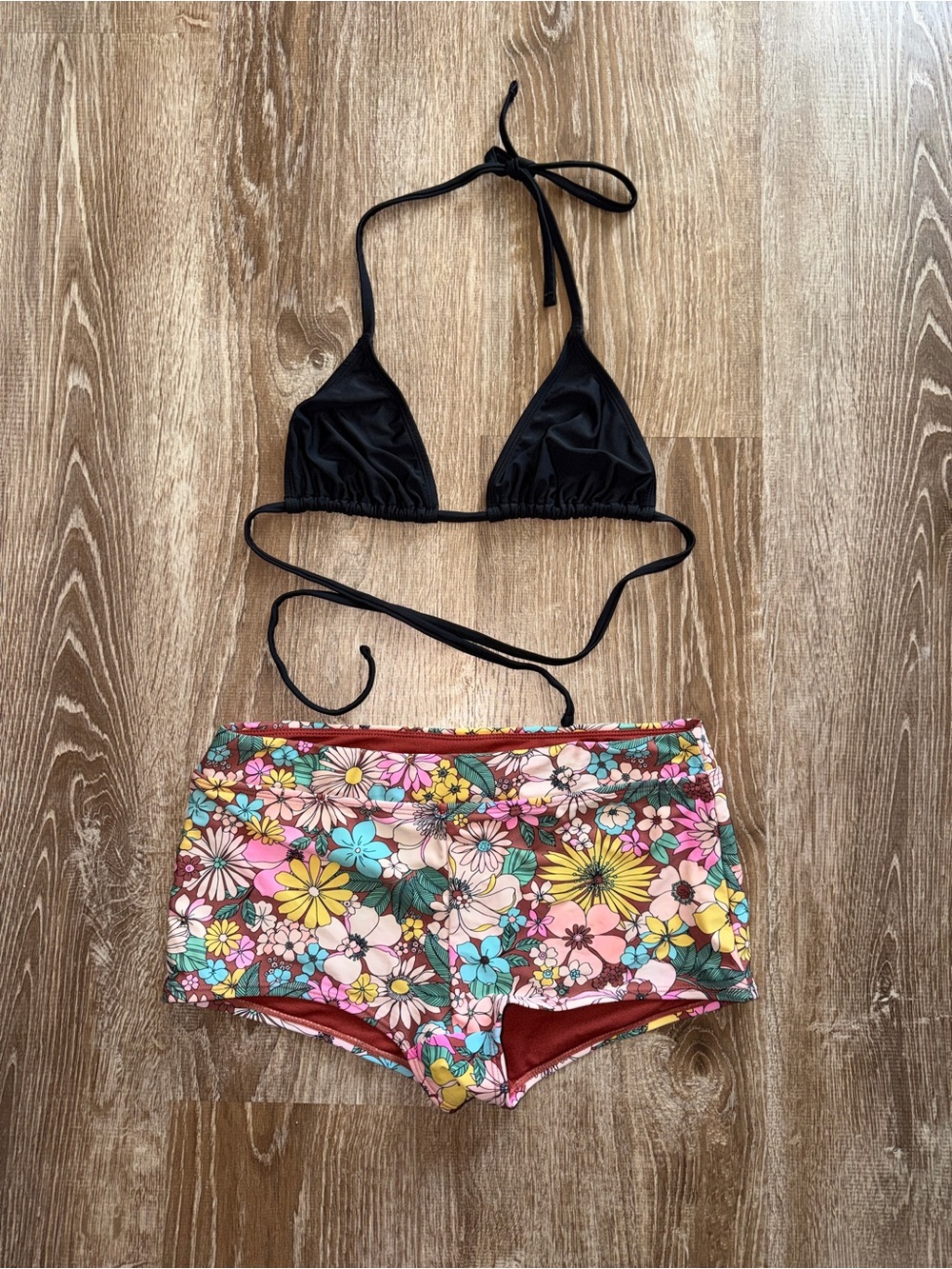 Y2K Two-Piece Floral Swim Set - Black Top & Multi Floral Bottom